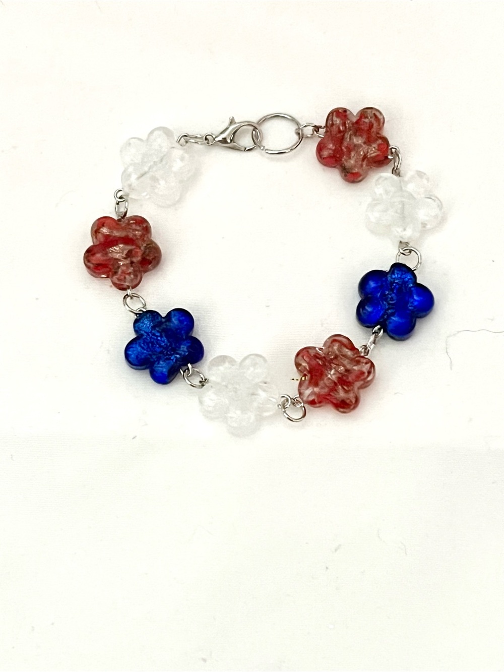 Handmade Patriotic Flower Motif Bracelet Red White Blue Silver 4th of July.
